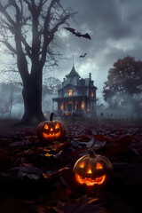 Spooky Halloween Night with Haunted House and Jack-o'-Lanterns