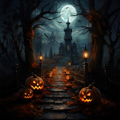 Spooky Pathway to Haunted House on Halloween Night