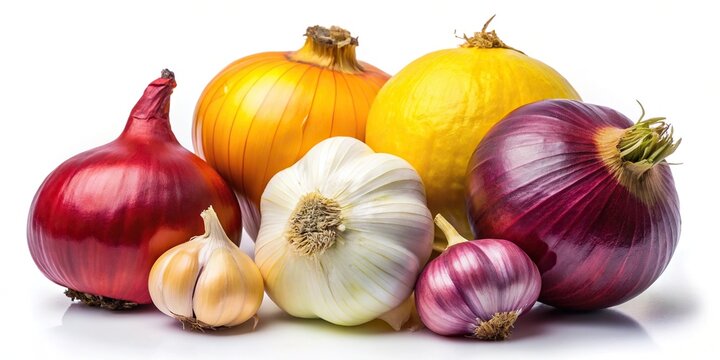Fresh yellow and red onions and garlic on a white background macro