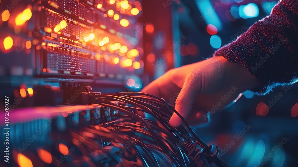 Poster a close-up of a hand connecting cables in a vibrant, illuminated network server room. technology and