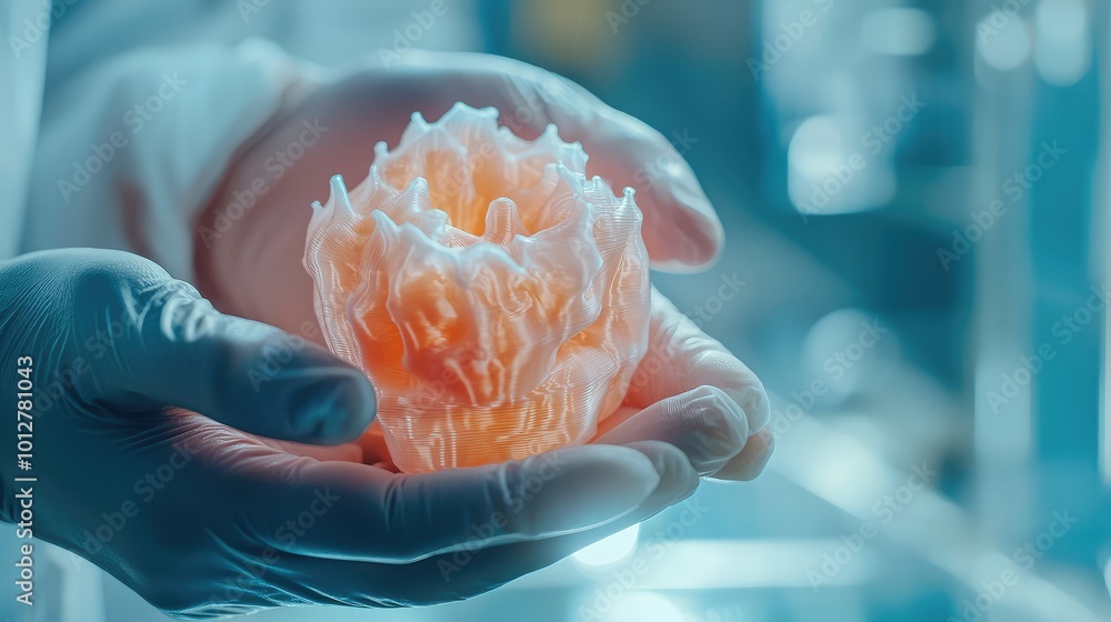 Poster a close-up of a scientist's hand holding a translucent, coral-like structure in a laboratory setting