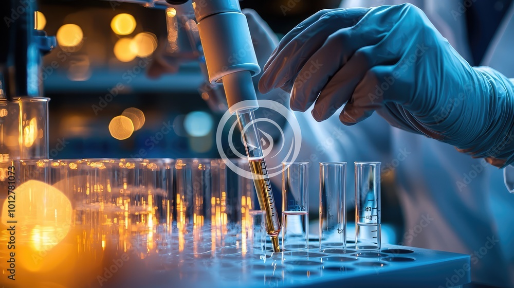 Poster a close-up view of a scientist using a pipette to transfer a liquid into test tubes in a laboratory 