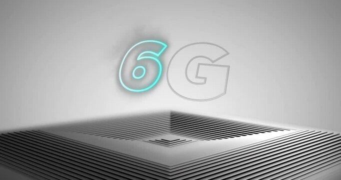 Animation of 6g text over black and grey concentric line pyramid on grey background