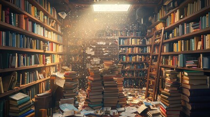 Obraz premium A cozy, cluttered library filled with books, creating a nostalgic and inviting atmosphere for readers and bibliophiles.