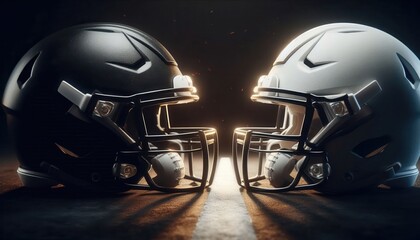 Fototapeta premium A striking image of two football helmets, black and white, symbolizing competition and sportsmanship. Perfect for sports marketing, events, and team branding.