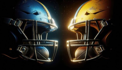 A dynamic visual of blue and yellow football helmets facing off, symbolizing competition and teamwork in sports. Perfect for sports marketing, events, and promotions.