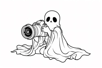 Fototapeta premium A playful ghost character wrapped in a white sheet, holding a camera, ready to capture spooky moments.