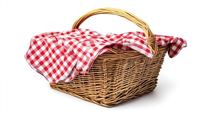 Wicker Picnic Basket with Red and White Checkered Tablecloth