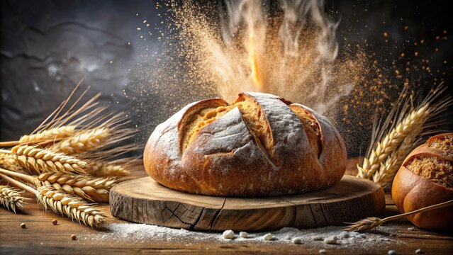 Freshly baked bread with wheat stalks and flour exploding around it