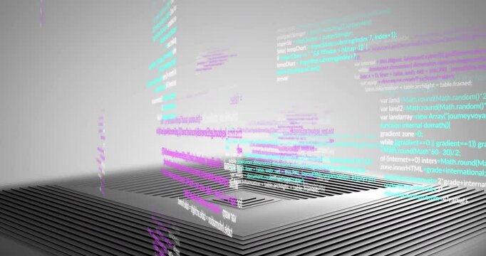 Animation of data processing over black and grey concentric line pyramid on grey background