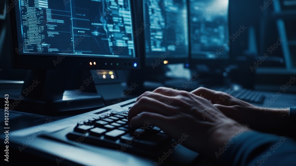 Poster close-up of hands typing on a keyboard in a dimly lit room