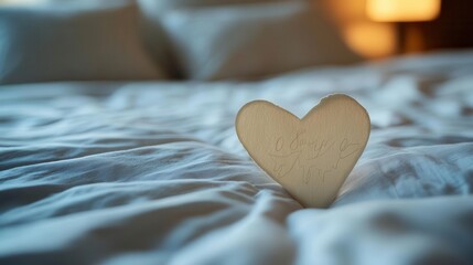 Fototapeta premium A soft, inviting bed with a heart-shaped decor piece, symbolizing love and comfort in a cozy bedroom setting.