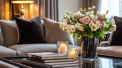Fototapeta premium A cozy living room featuring elegant decor, a floral arrangement, candles, and stylish books on a coffee table.