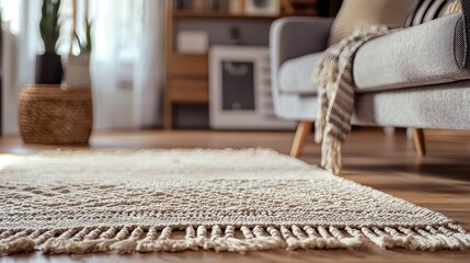 A cozy living room with a textured rug, elegant couch, and natural light, creating a warm and inviting atmosphere.