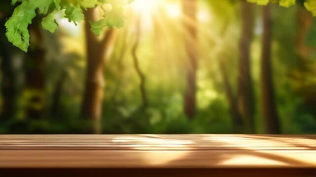Empty wooden table sun rays trees green blurred background