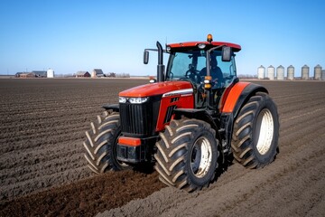 Obraz premium Tractor plowing a vast field, with rich soil being turned, and distant barns and silos dotting the horizon, capturing the essence of rural farming