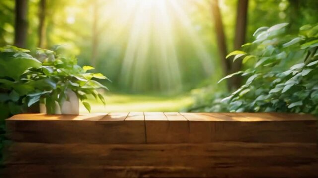 Empty wooden table sun rays trees green blurred background