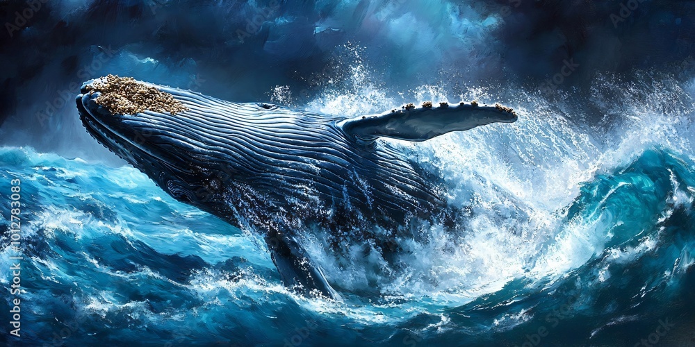 Poster a large whale leaps out of the ocean with water splashing around it.