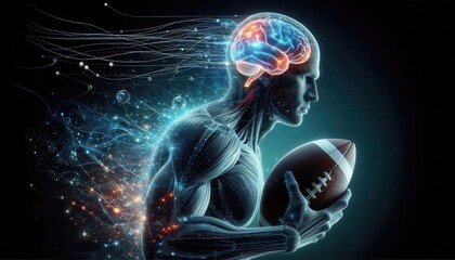 A dynamic illustration of a player with a glowing brain, symbolizing the fusion of athleticism and intelligence in sports. Perfect for sports psychology and innovation themes.