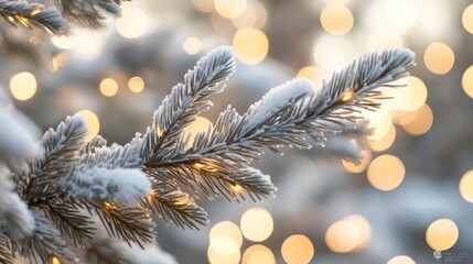 Snow-Covered Pine Branch with Festive Lights