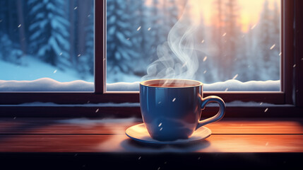 Hot cocoa in a mug on on the table by the window.