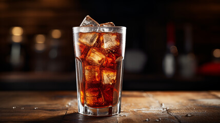 Cola in a clear glass with ice.