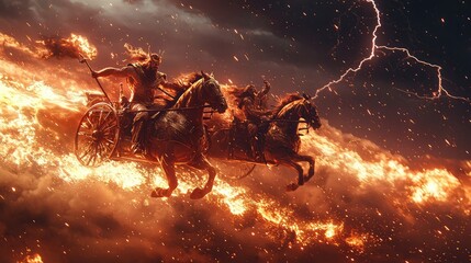 Fototapeta premium A dramatic scene of a fiery chariot racing through a stormy sky, showcasing the power and energy of mythical forces.