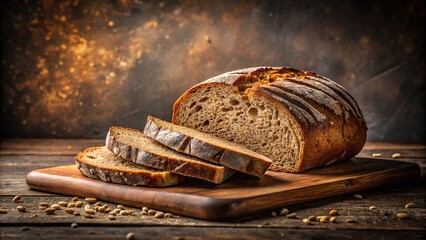freshly baked rye bread sliced on dark rustic background