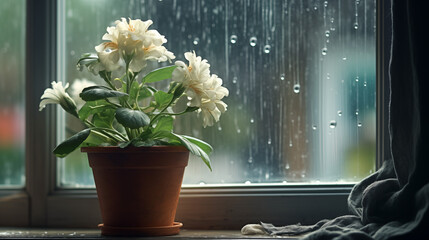 Raindrops cling to the window, and there’s a white flower pot by the white window.