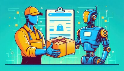 A delivery worker hands a package to a robot, symbolizing the integration of technology in logistics and automation. Ideal for tech, e-commerce, and delivery services.