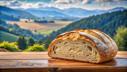 Freshly baked sourdough bread loaf sliced open on a panoramic background