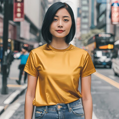 A confident Asian woman in a shiny gold shirt stands in a vibrant urban street, surrounded by bustling city life.