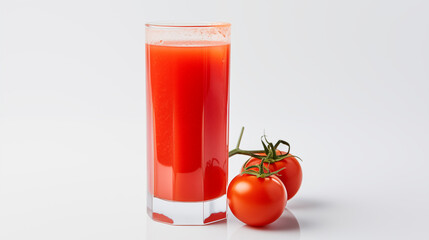 Tomato juice in a tall clear glass on white background.