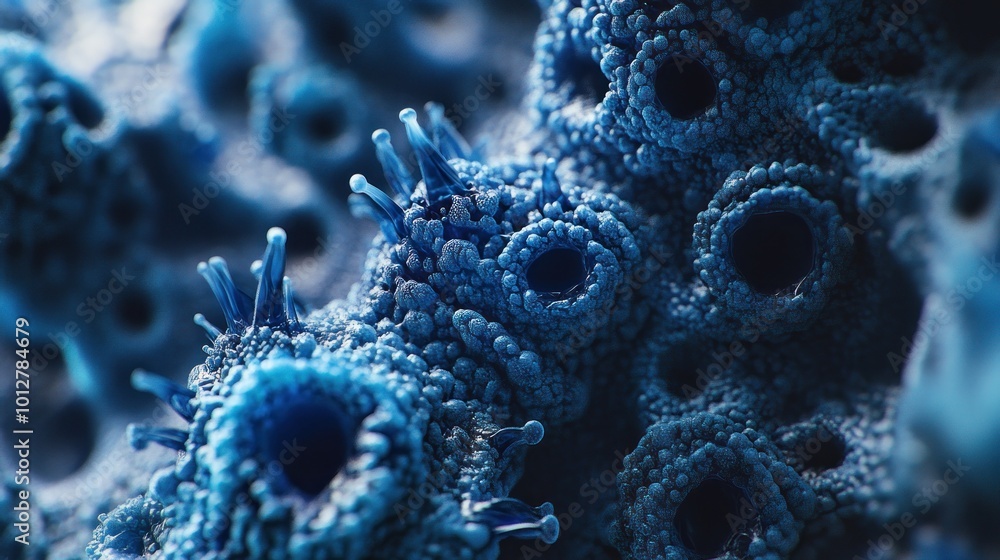 Poster close-up view of microscopic structures in blue tones, resembling cellular formations.