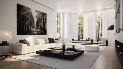 The living room has white walls and a black coffee table. large window