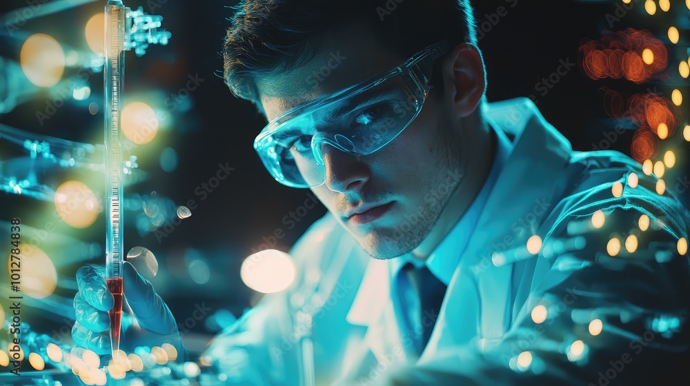 Poster a focused scientist in a laboratory, utilizing advanced tools and technology for groundbreaking rese
