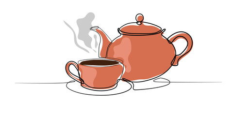 line art drawing of tea pot and cup of tea.healthy tea vector line art.freshness vector illustration of tea serving