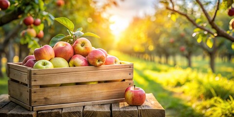 Freshly harvested apples in a crate with apple trees in sunlight in the background © suchetpong