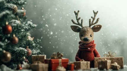 Christmas decoration with cute reindeer and gift box on snowy background.