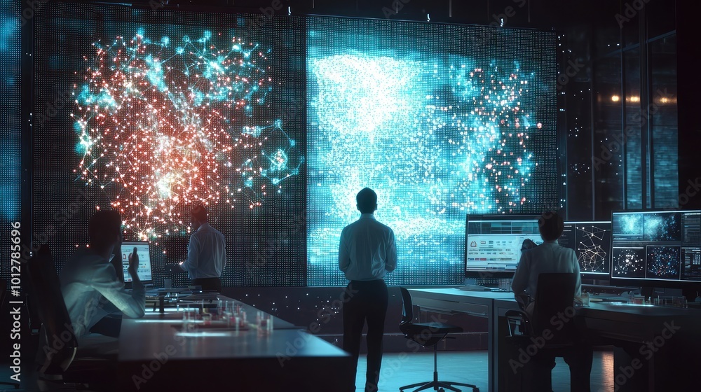 Poster a group of professionals analyzes dynamic data visualizations in a modern control room with high-tec