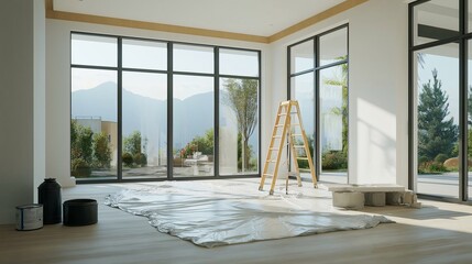 Fototapeta premium Bright Empty Room with Ladder and Renovation Materials