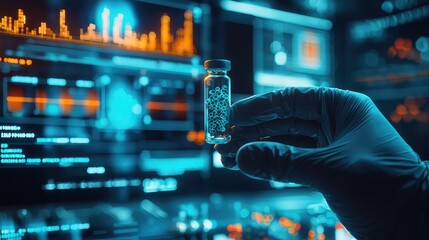 A hand in a glove holding a vial in a high-tech lab environment with glowing screens and data visualization.