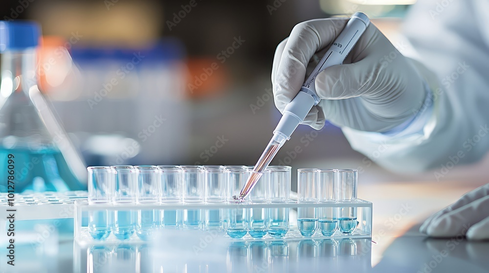 Poster a laboratory scene showcasing a scientist using a pipette to transfer liquid into test tubes in a st