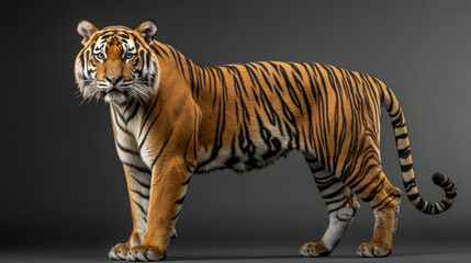 Fototapeta premium A close-up picture of a Bengal tiger, standing alone against a dark gray backdrop.