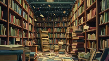 Obraz premium A magical library filled with colorful books, scattered pages, and enchanting atmosphere, perfect for literature and knowledge themes.