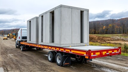 Flatbed truck transporting precast concrete panels, construction site activity, industrial logistics, heavy machinery in operation