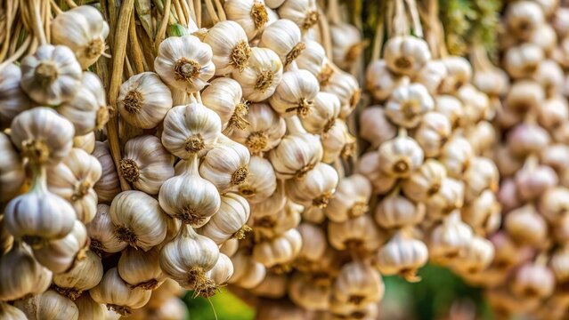Freshly picked garlic hanging in bundles with low angle view
