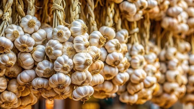 Freshly picked garlic hanging in bundles
