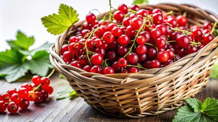 Freshly picked redcurrants in a cane basket on white background