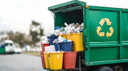 Recycling truck filled with colorful bins of recyclable materials, showcasing community efforts in waste management and environmental sustainability